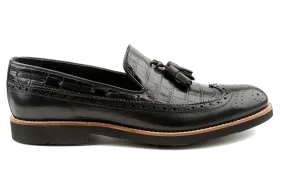 Alligator Pattern Embossed Leather Tassel Loafers, Longwing Black Leather Loafers for Men, Comfortable Leather Slip-On  Loafers Kea by Debbano
