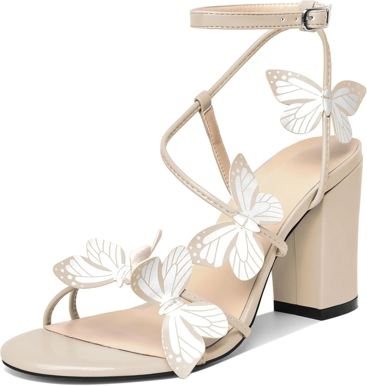 AUMOTED Womens Butterfly Sandals Chunky Block High Heels Strappy Open Round Toe Butterfly Heels 3.4 Inch Wedding Dress Shoes