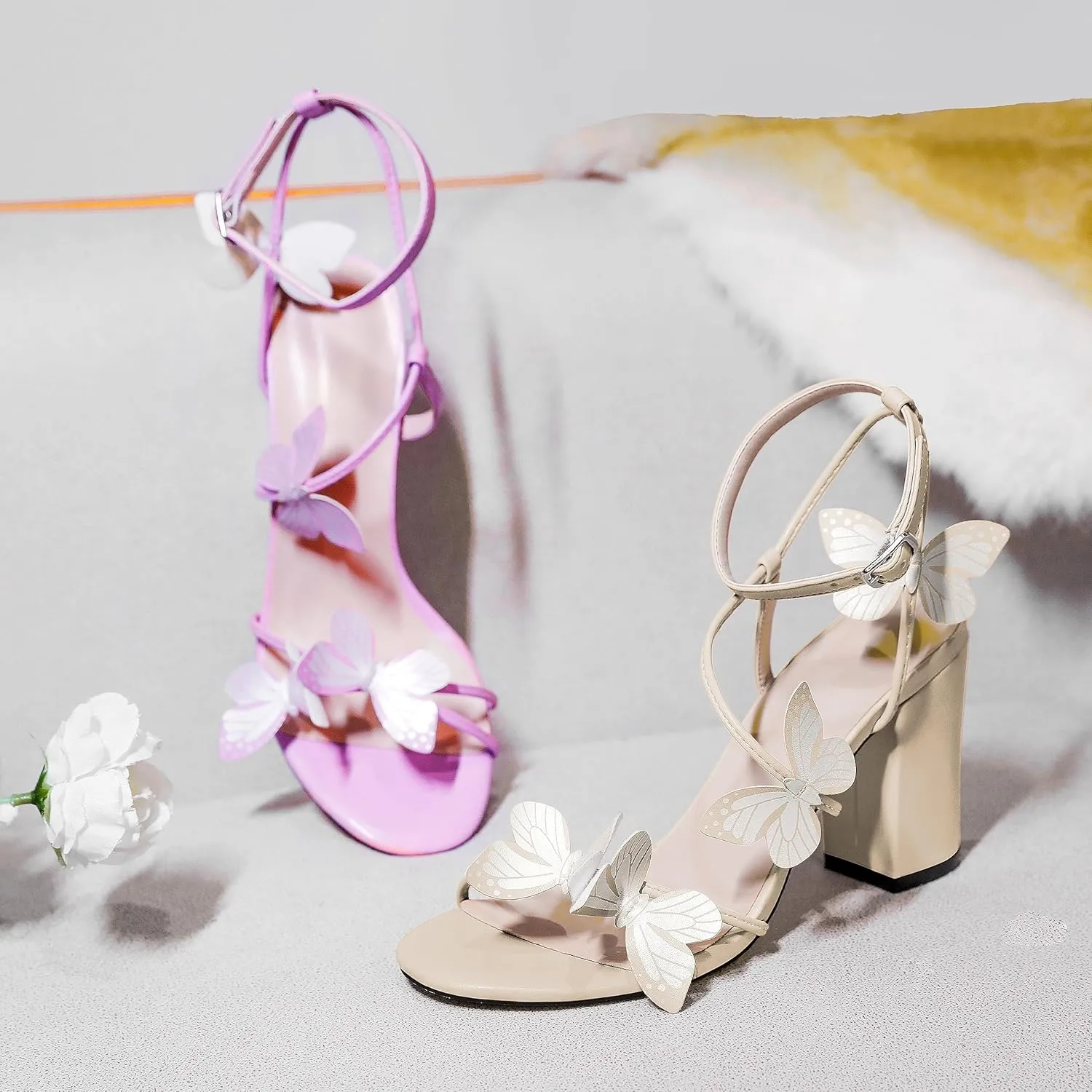 AUMOTED Womens Butterfly Sandals Chunky Block High Heels Strappy Open Round Toe Butterfly Heels 3.4 Inch Wedding Dress Shoes