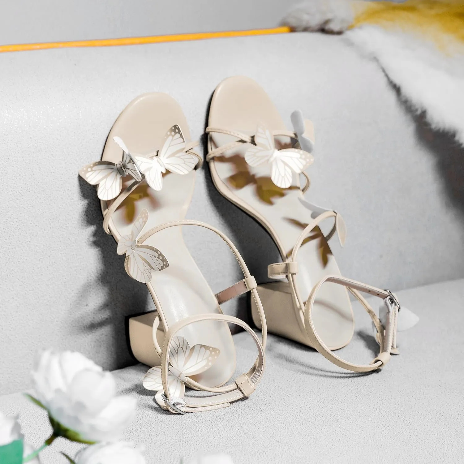 AUMOTED Womens Butterfly Sandals Chunky Block High Heels Strappy Open Round Toe Butterfly Heels 3.4 Inch Wedding Dress Shoes