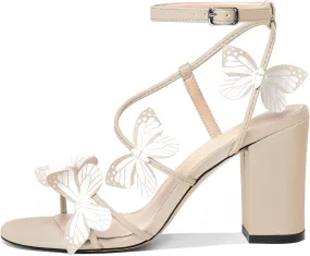 AUMOTED Womens Butterfly Sandals Chunky Block High Heels Strappy Open Round Toe Butterfly Heels 3.4 Inch Wedding Dress Shoes