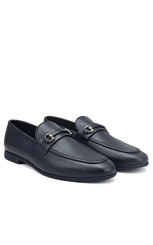 Blue Textured Leather Loafers