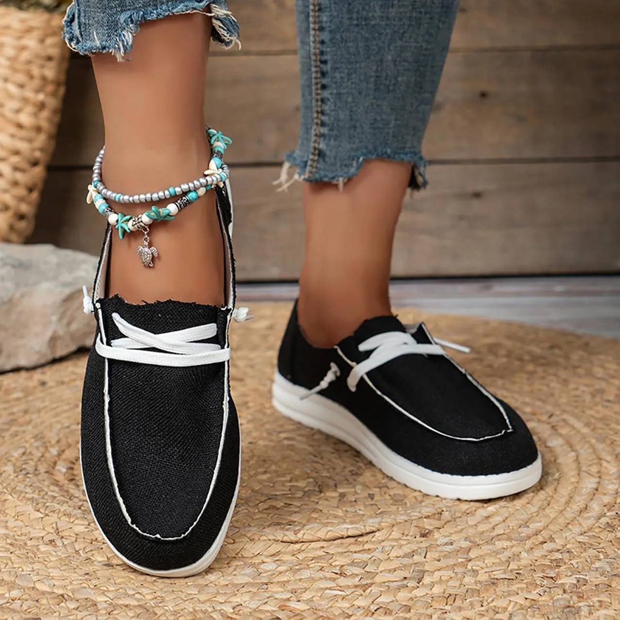 Canvas Sneakers for Women Slip-Ons Flats Ladies Loafers Men Comfort Lace Up Loafers Shoes Foam Flat Shoes Lace-Up Slip On Women Comfortable Print Sneakers