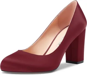 Castamere Women Chunky Block High Heel Round Toe Slip-on Pumps Wedding Party Dress 3.2 Inches Heels Shoes