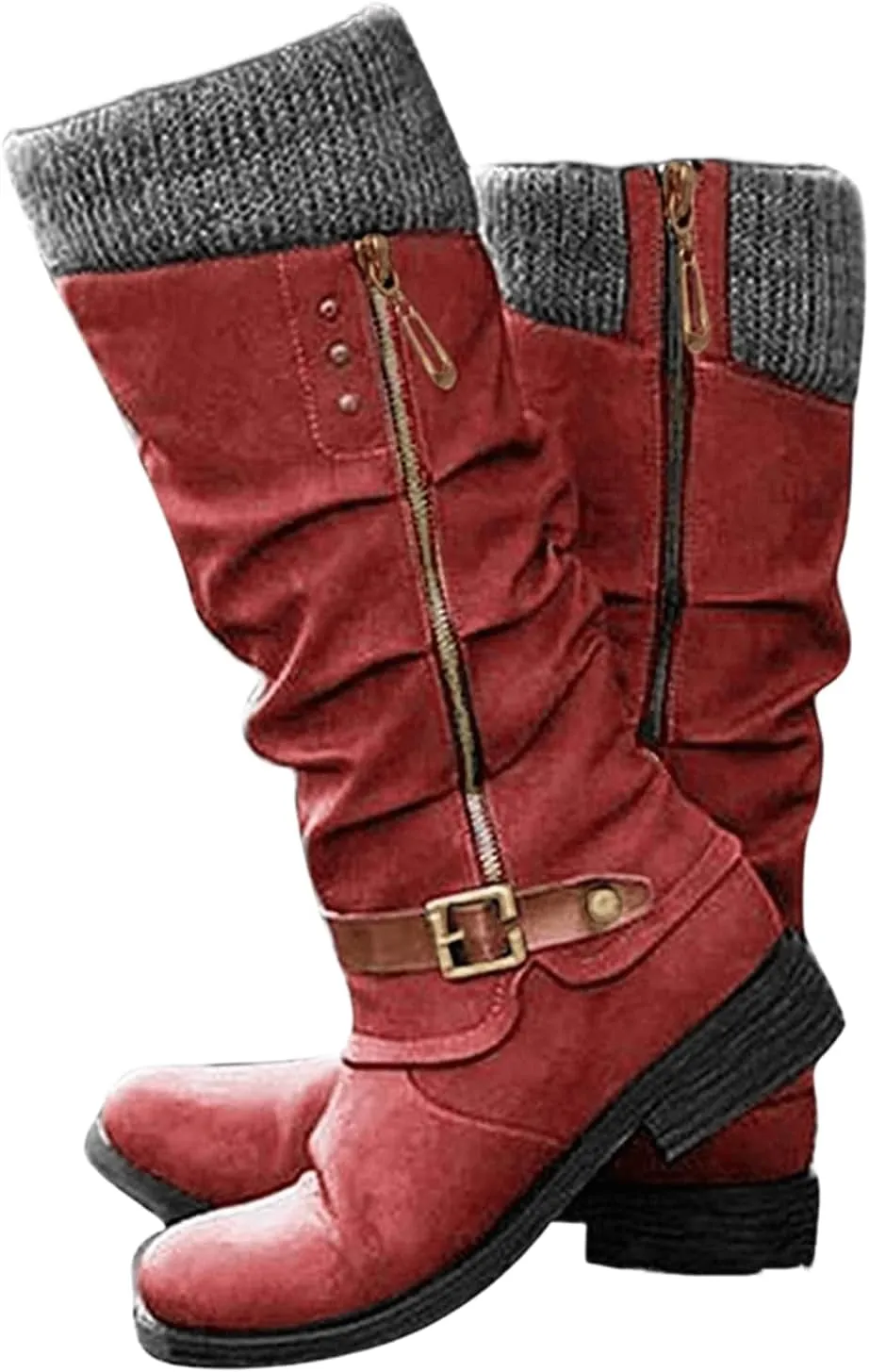 Combat Boots Womens With Heel Mid Calf Outdoor Walking Winter Boots Side Zip Western Cowboy Motorcycle Riding Military Boots