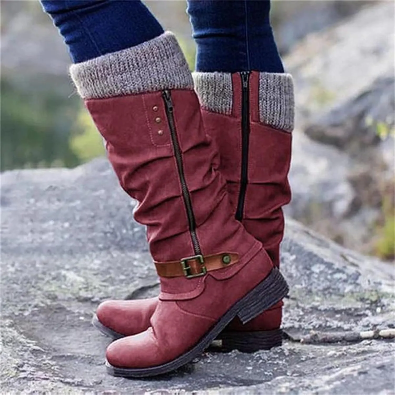 Combat Boots Womens With Heel Mid Calf Outdoor Walking Winter Boots Side Zip Western Cowboy Motorcycle Riding Military Boots