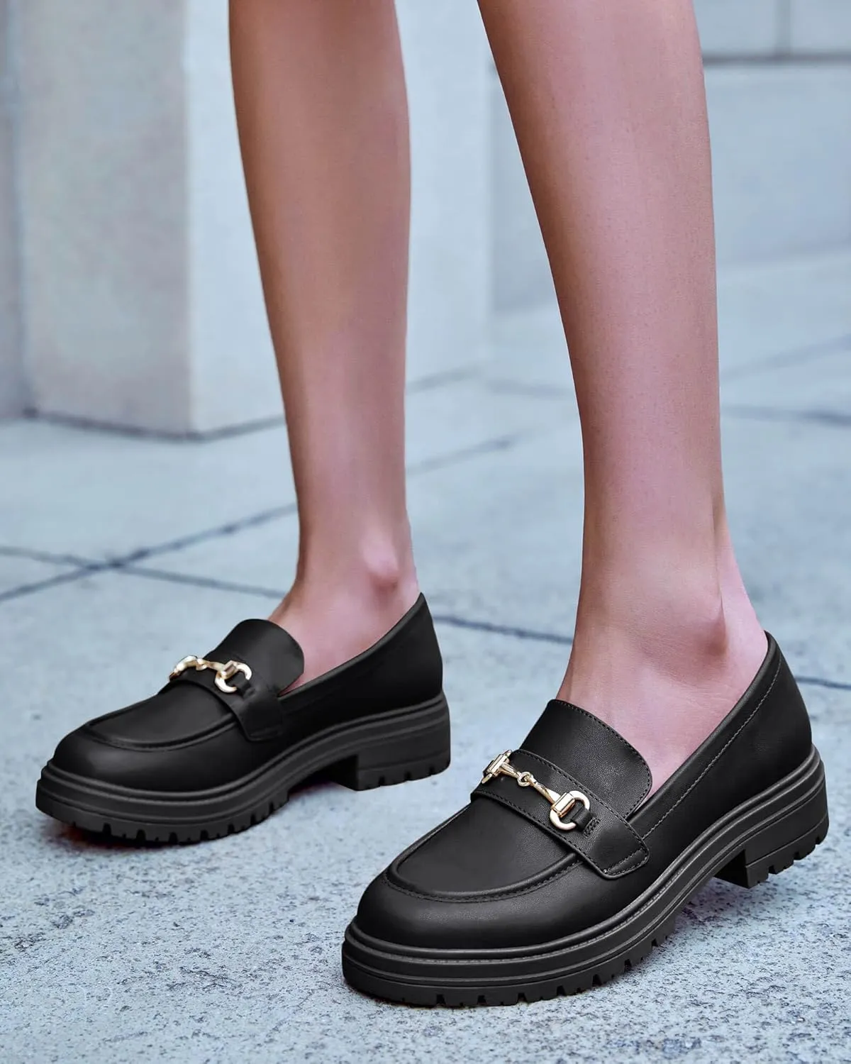Coutgo Womens Chunky Platform Loafers Low Heel Flats Lug Sole Slip On Penny Loafers Office Work Dress Shoes with Chain