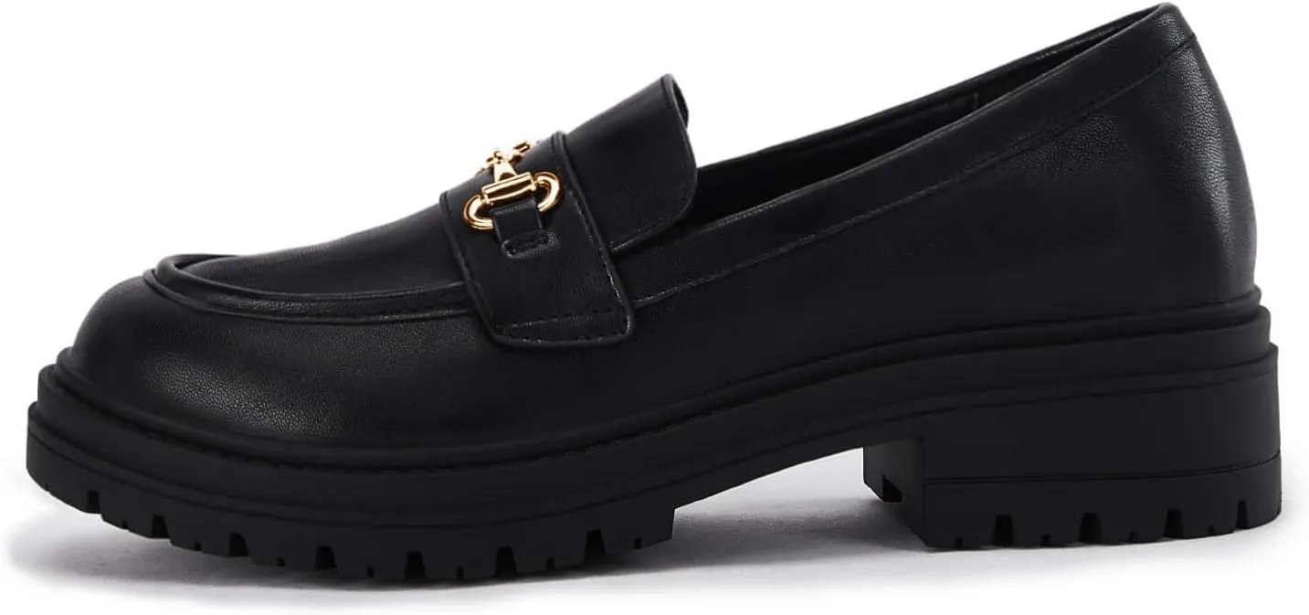 Coutgo Womens Chunky Platform Loafers Low Heel Flats Lug Sole Slip On Penny Loafers Office Work Dress Shoes with Chain