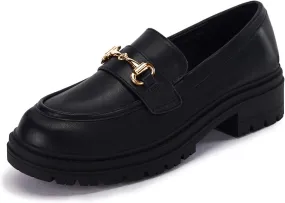 Coutgo Womens Chunky Platform Loafers Low Heel Flats Lug Sole Slip On Penny Loafers Office Work Dress Shoes with Chain