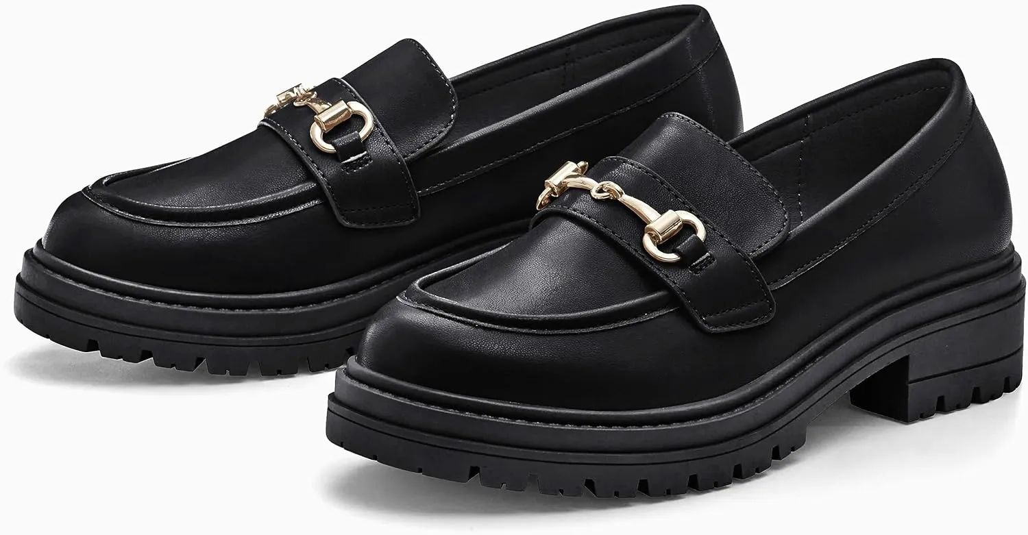 Coutgo Womens Chunky Platform Loafers Low Heel Flats Lug Sole Slip On Penny Loafers Office Work Dress Shoes with Chain