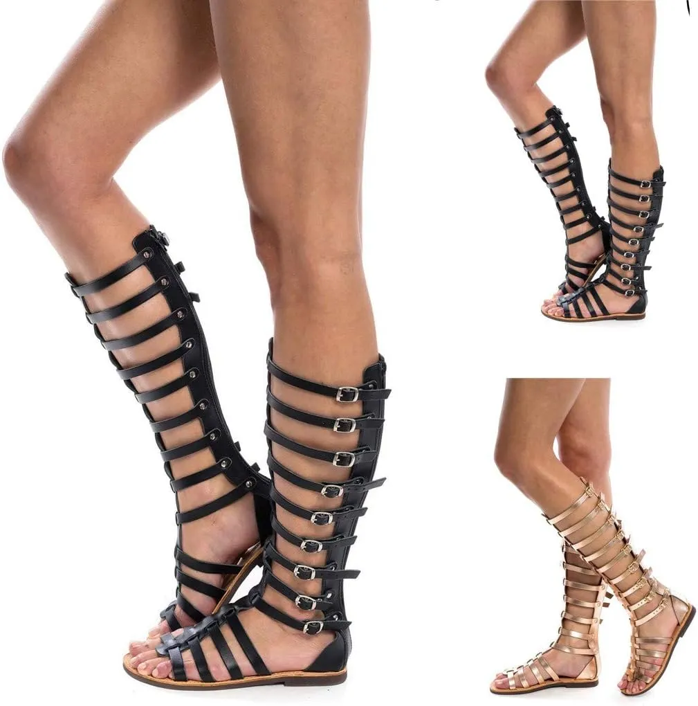Gladiator Sandals for Women Flat,Women Gladiator Sandals Flat Summer Strappy Lace-Up Open Toe Knee High Flat Sandal