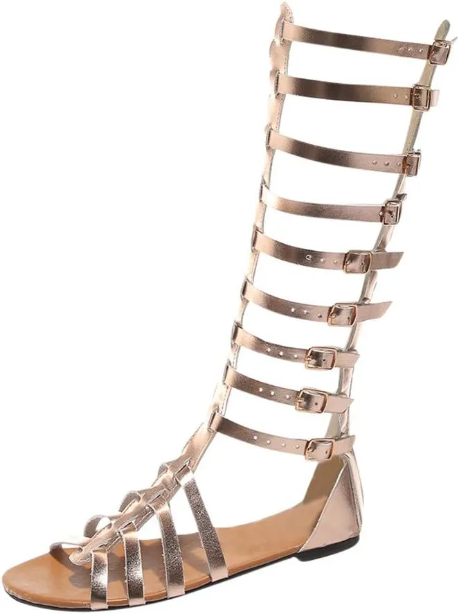 Gladiator Sandals for Women Flat,Women Gladiator Sandals Flat Summer Strappy Lace-Up Open Toe Knee High Flat Sandal