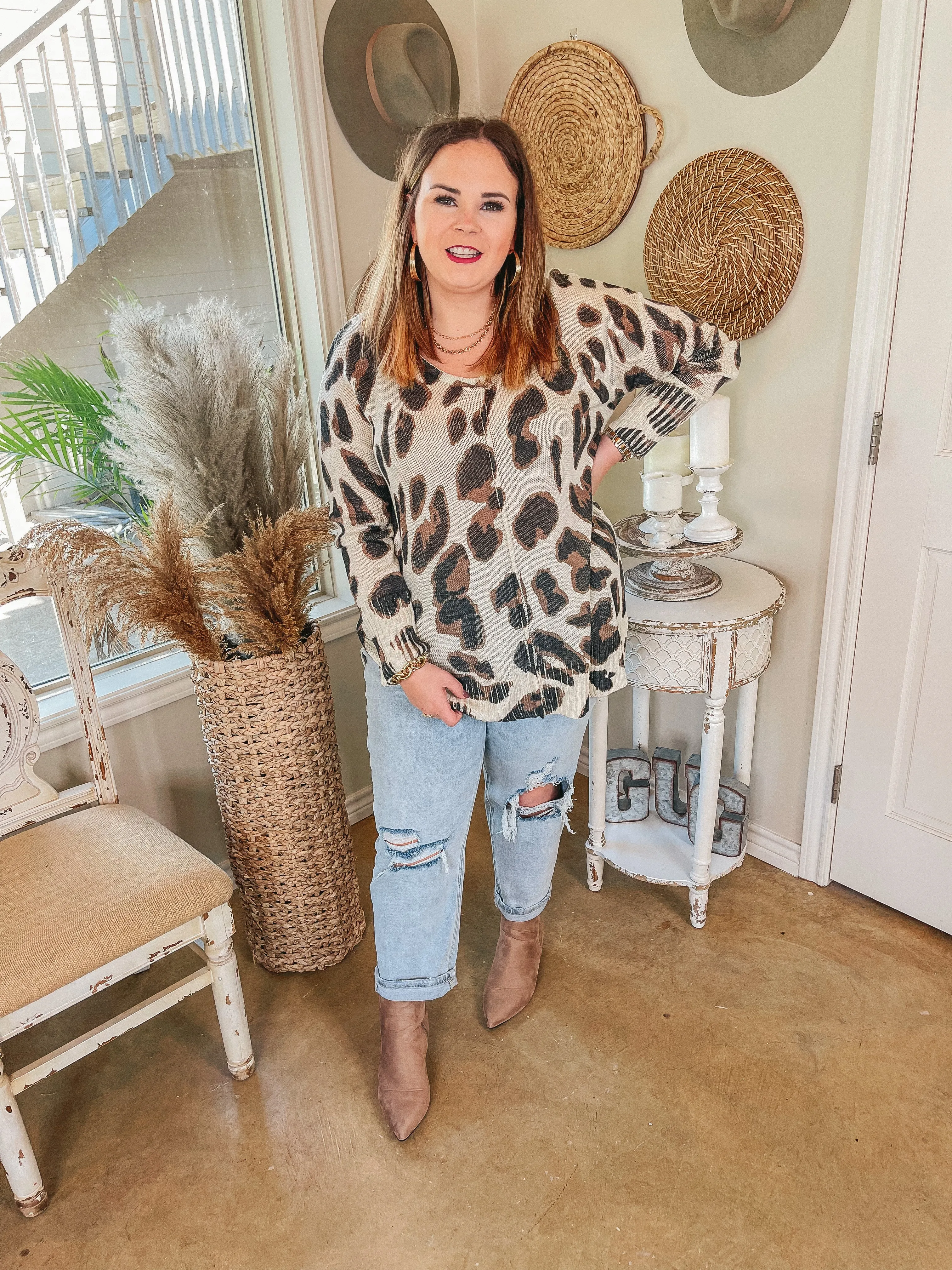 Keep Them Guessing Long Sleeve Leopard Print Sweater in Beige