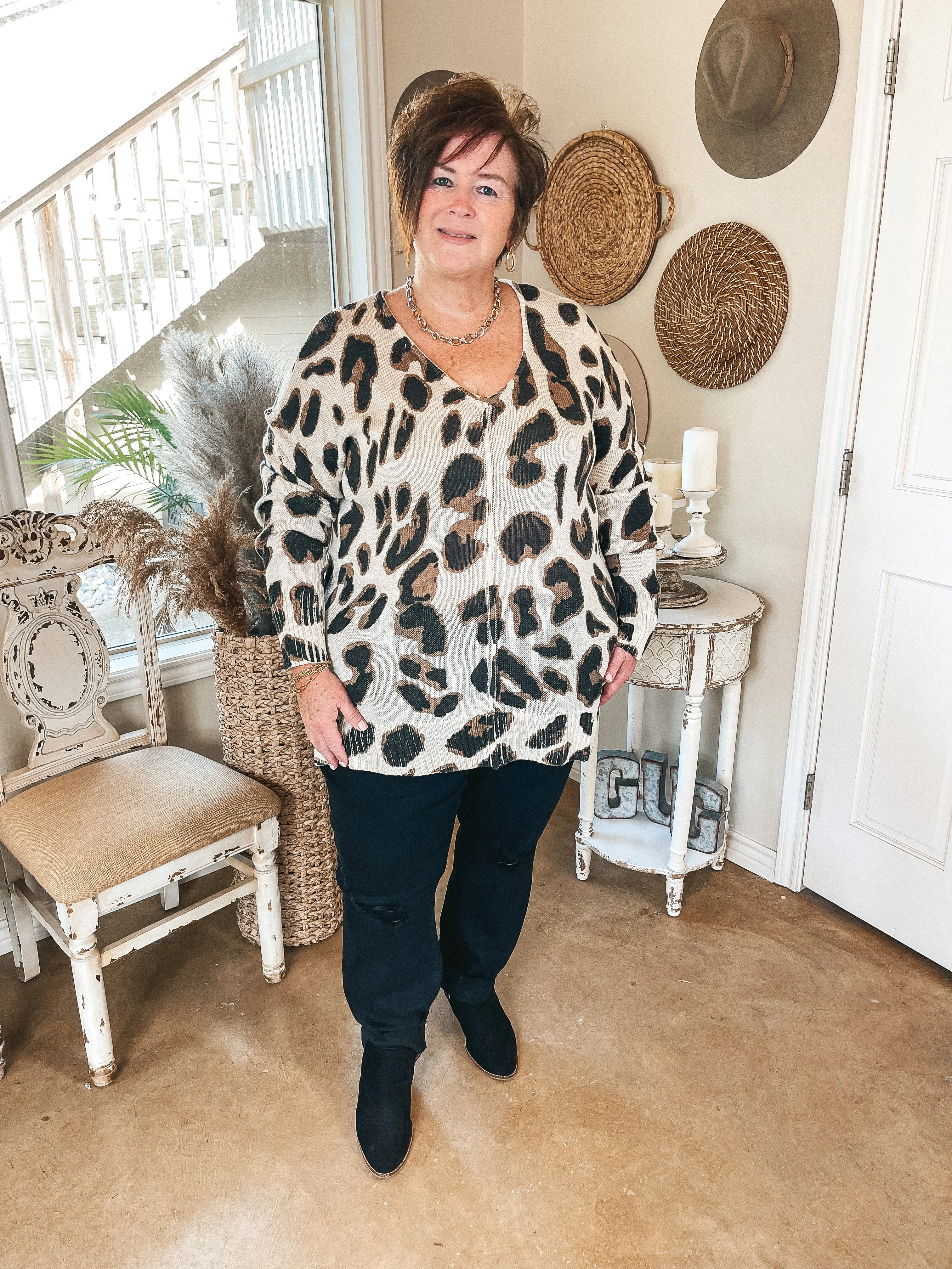 Keep Them Guessing Long Sleeve Leopard Print Sweater in Beige