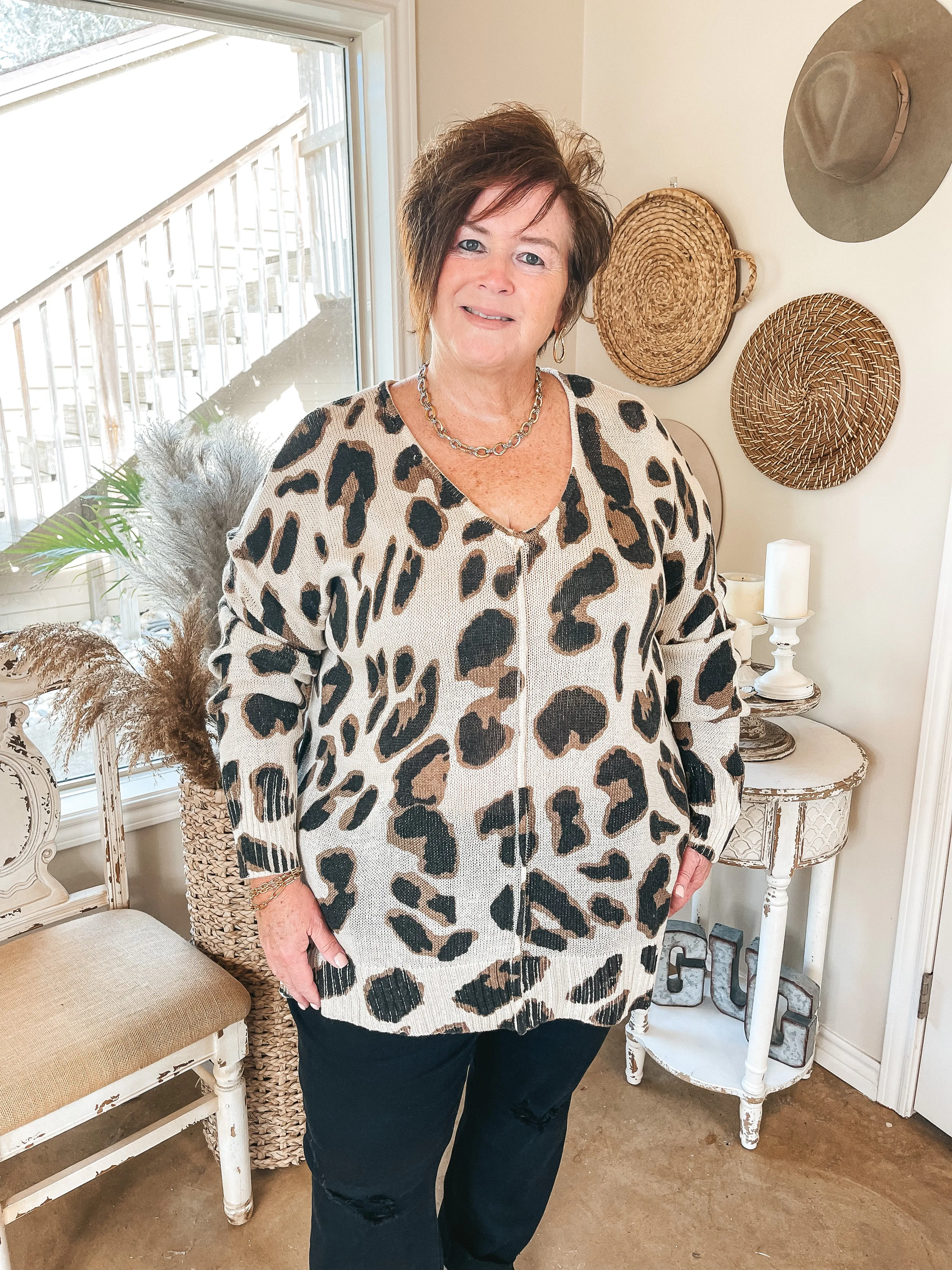 Keep Them Guessing Long Sleeve Leopard Print Sweater in Beige