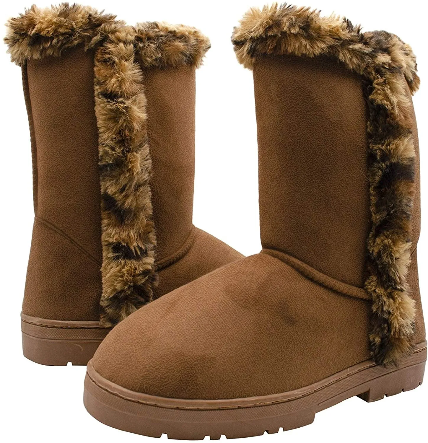 kensie Womens Slip On Mid High 9" Microsuede Winter Boots with Leopard Faux Fur Trims