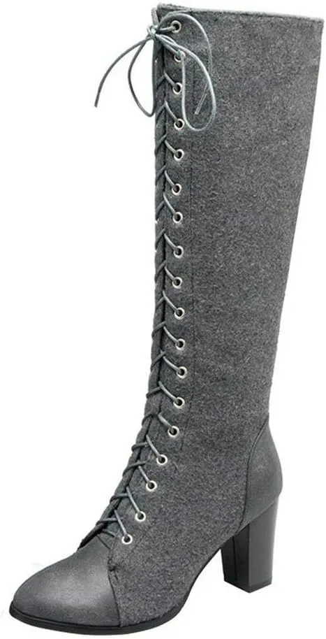 KOKOMOMO Womens High Block Heel Lace Up Knee High Boots with Zip Ladies Mid Calf Combat Boots