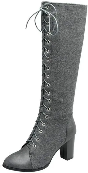 KOKOMOMO Womens High Block Heel Lace Up Knee High Boots with Zip Ladies Mid Calf Combat Boots