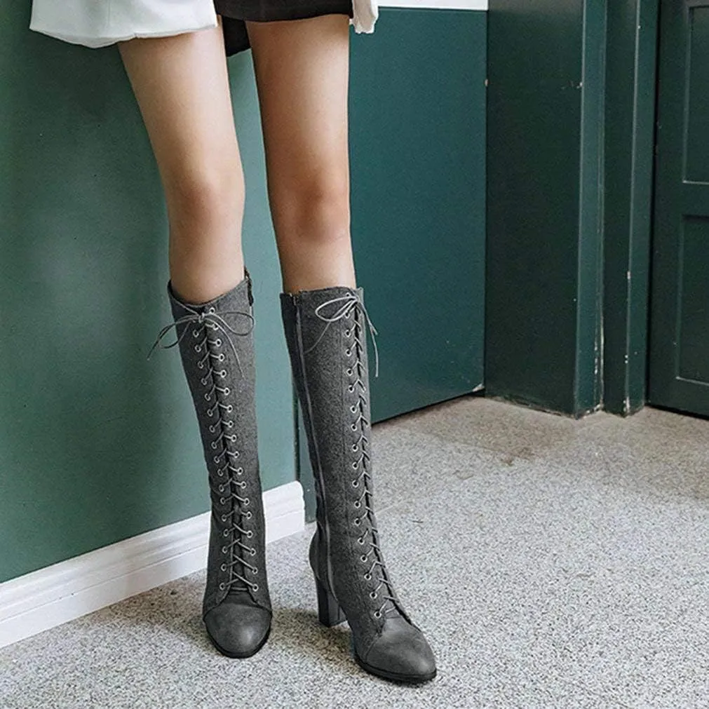 KOKOMOMO Womens High Block Heel Lace Up Knee High Boots with Zip Ladies Mid Calf Combat Boots