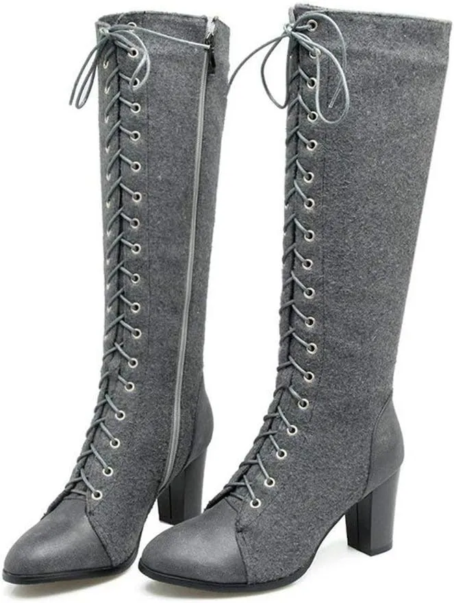 KOKOMOMO Womens High Block Heel Lace Up Knee High Boots with Zip Ladies Mid Calf Combat Boots