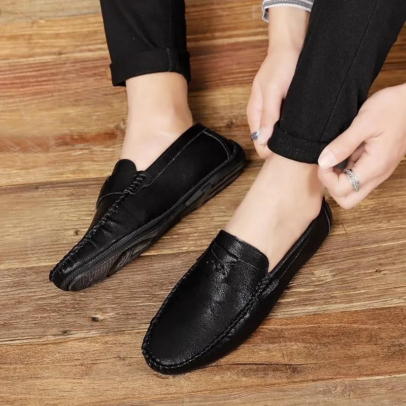 Men's Vegan Leather Loafers - Solid Color Round Toe Flexible Slip-Ons with Flat Heel, Resistant for Wedding, Outdoor, and Casual Wear