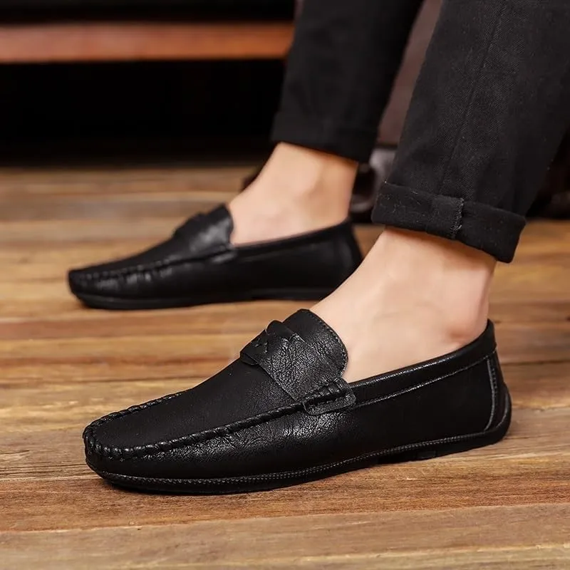 Men's Vegan Leather Loafers - Solid Color Round Toe Flexible Slip-Ons with Flat Heel, Resistant for Wedding, Outdoor, and Casual Wear