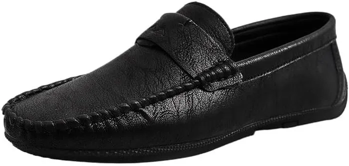 Men's Vegan Leather Loafers - Solid Color Round Toe Flexible Slip-Ons with Flat Heel, Resistant for Wedding, Outdoor, and Casual Wear