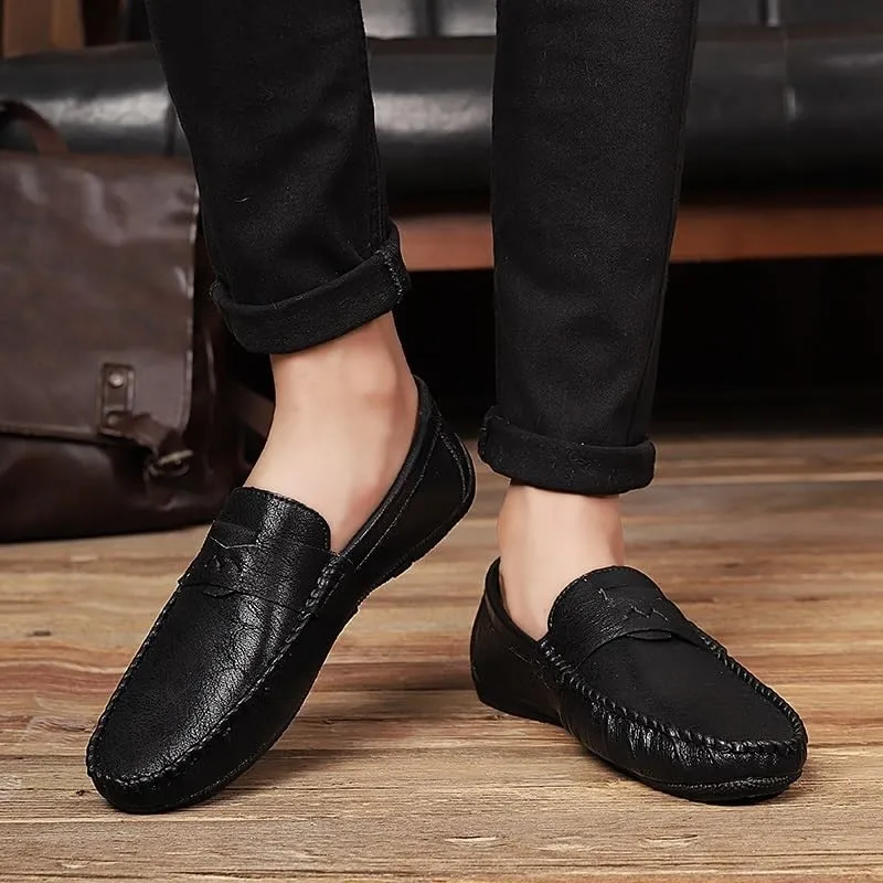 Men's Vegan Leather Loafers - Solid Color Round Toe Flexible Slip-Ons with Flat Heel, Resistant for Wedding, Outdoor, and Casual Wear