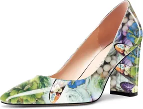 NobleOnly Women High Chunky Block Heel Square Close Toe Slip-on Pumps Classic Cute Dress Shoes 3.3 Inches Heels
