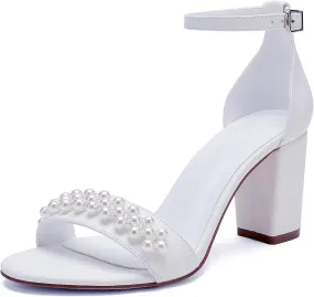 Open Toe Chunky Block Heels Satin Pearl Wedding Shoes for Bride High Heels Sandals Bridal Shoes Evening Prom Party Dress Shoes Pumps for Women