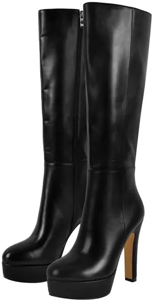 Richealnana Women's Platform Stiletto Heel Side Zipper Knee High Boots Solid Long Boots
