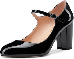 Saekcted Women Chunky Heel Pumps Mary Jane High Heels Round-Toe Shoes Dinner Wedding Pump 3Inch Block Heels