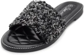 Shoe Land Joli Women's Flat Sandals, Fashion Sparkly Slides, Open Toe Rhinestone Slippers, Glitter Bling Casual Sandals with Cushioned Footbed for Summer, Daily Wear, and Party