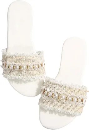 SweatyRocks Women's Fringe Trim Pearls Beaded Flat Sandals Open Toe Single Band Dressy Slide Shoes