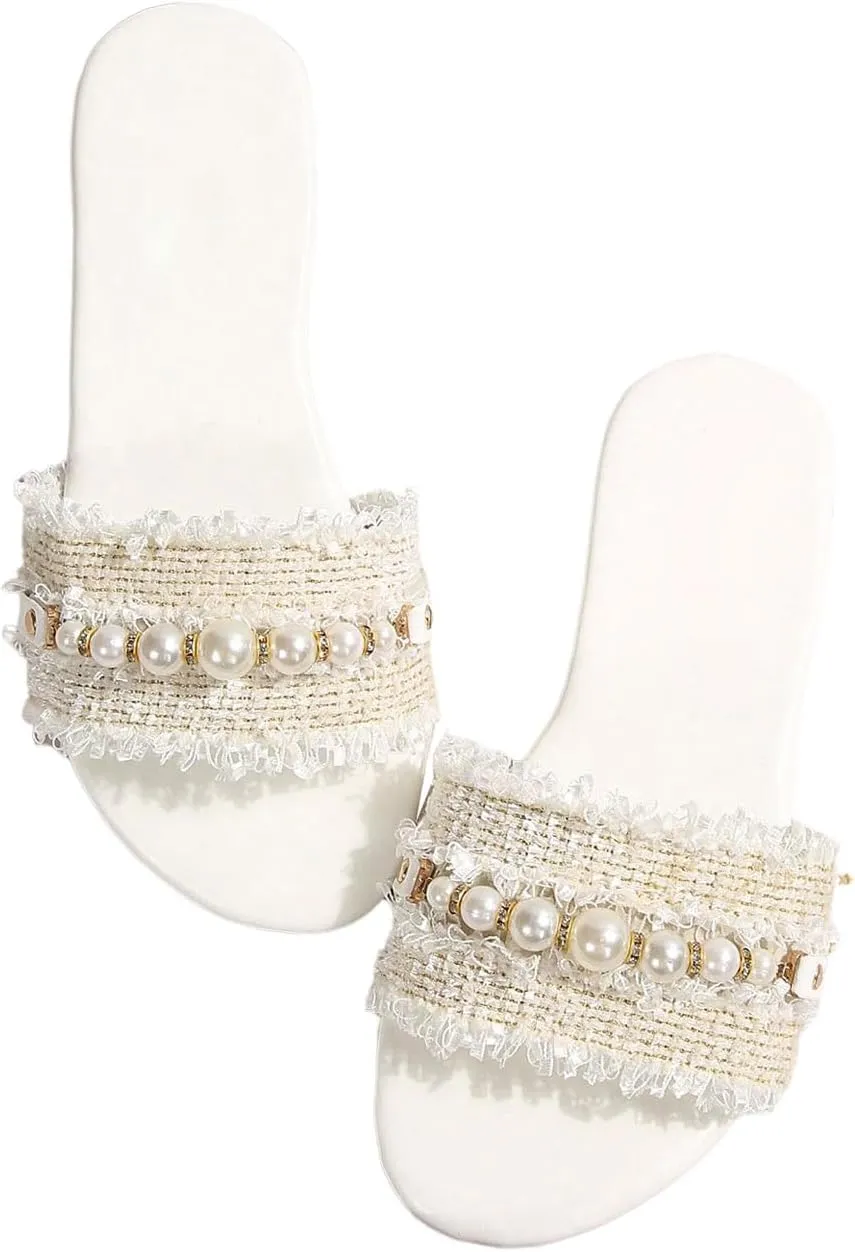 SweatyRocks Women's Fringe Trim Pearls Beaded Flat Sandals Open Toe Single Band Dressy Slide Shoes