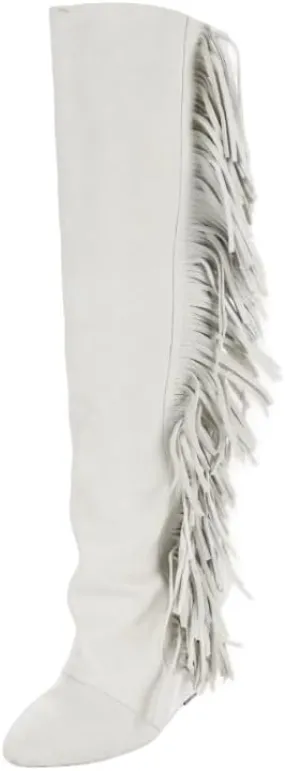 Vertundy Women's Fringe Suede Wedge Knee High Boots Pointed Toe Platform Calf Long Boots