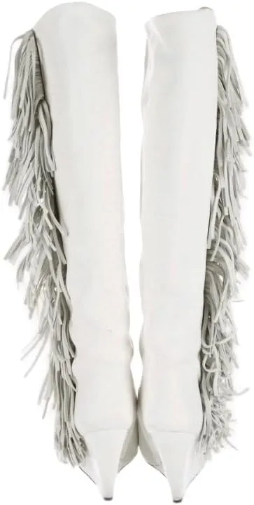 Vertundy Women's Fringe Suede Wedge Knee High Boots Pointed Toe Platform Calf Long Boots