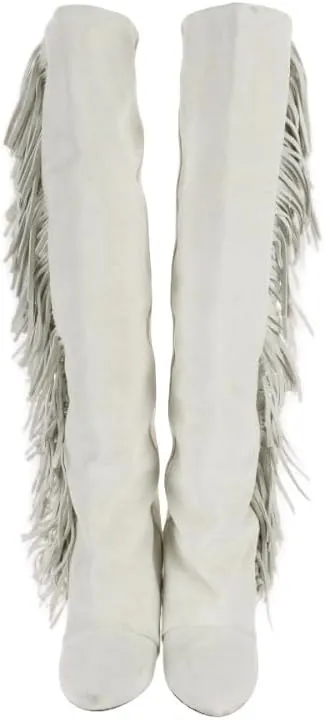 Vertundy Women's Fringe Suede Wedge Knee High Boots Pointed Toe Platform Calf Long Boots