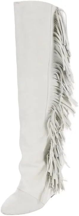 Vertundy Women's Fringe Suede Wedge Knee High Boots Pointed Toe Platform Calf Long Boots