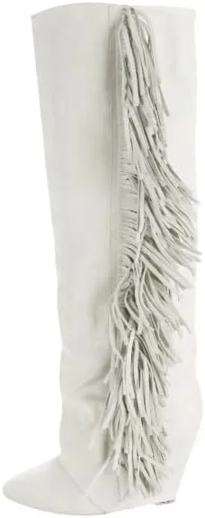 Vertundy Women's Fringe Suede Wedge Knee High Boots Pointed Toe Platform Calf Long Boots