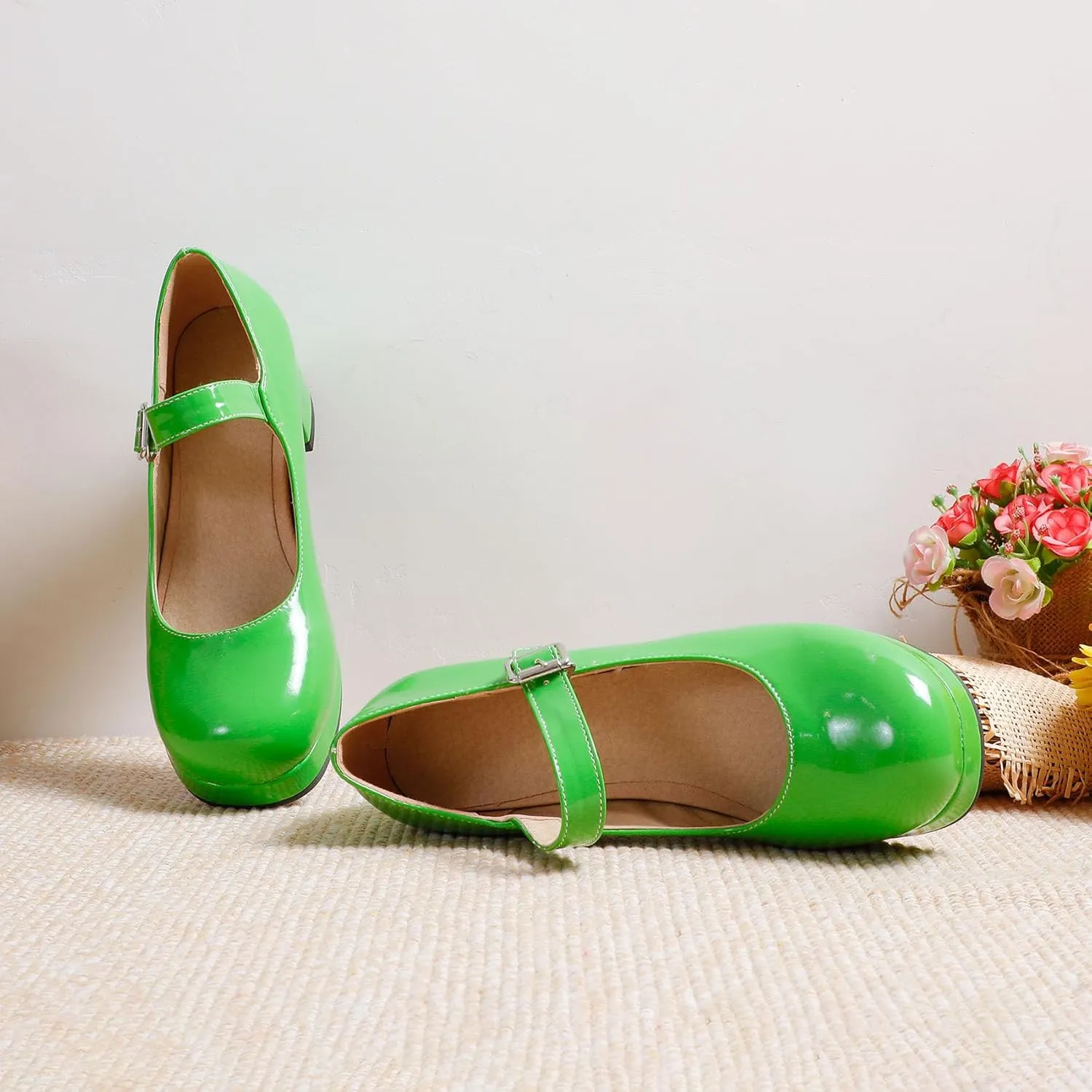 Womens Lolita Shoes Patent Leather Mary Jane Platform Chunky Heeled Pumps