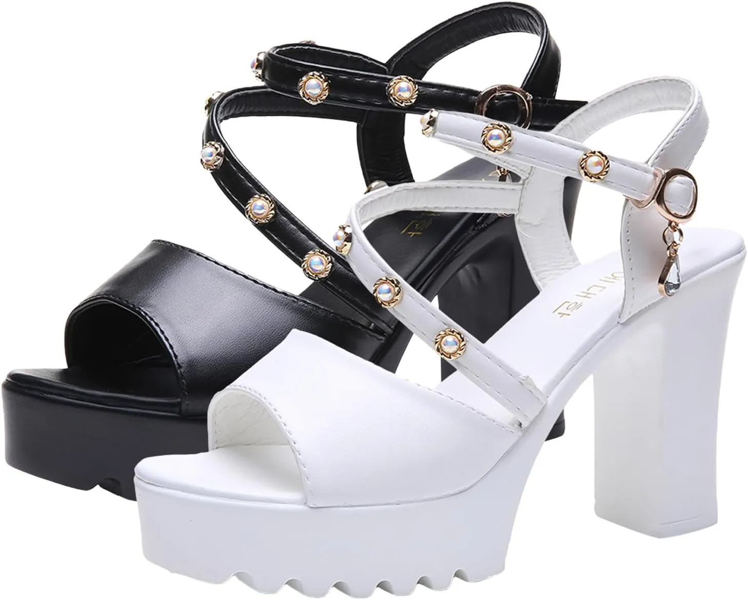 Women'S Open Toe Low Block Chunky Heels Sandals Thick Sole High Heel Thick Heel Comfortable Buckle Strap